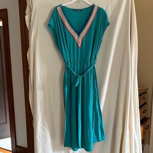 BloomChic Teal Midi Dress with Rainbow Neckline